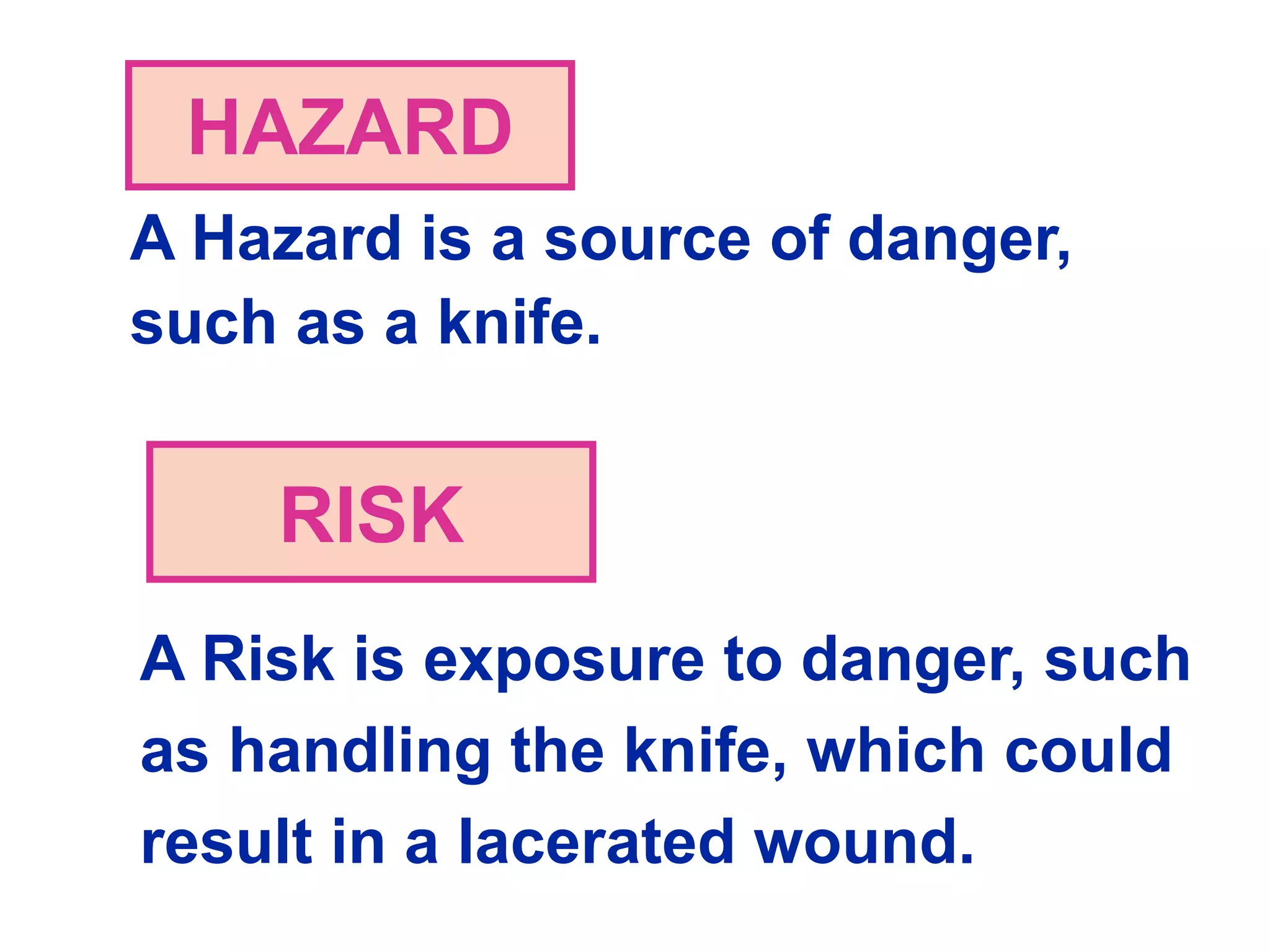 HAZARD
RISK
A Hazard is a source of danger,
such as a knife.
A Risk is exposure to danger, such
as handling the knife, which could
result in a lacerated wound.
 