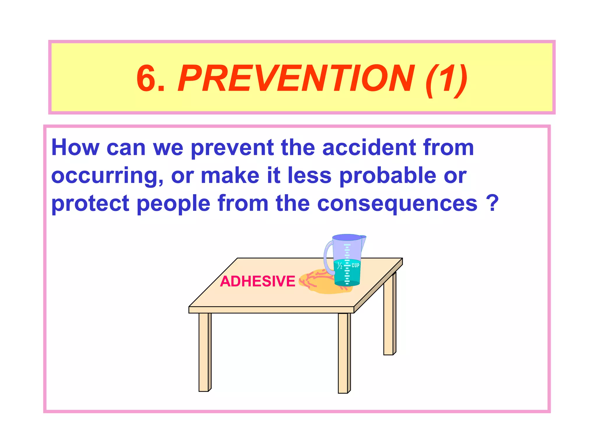6. PREVENTION (1)
How can we prevent the accident from
occurring, or make it less probable or
protect people from the consequences ?
ADHESIVE
 