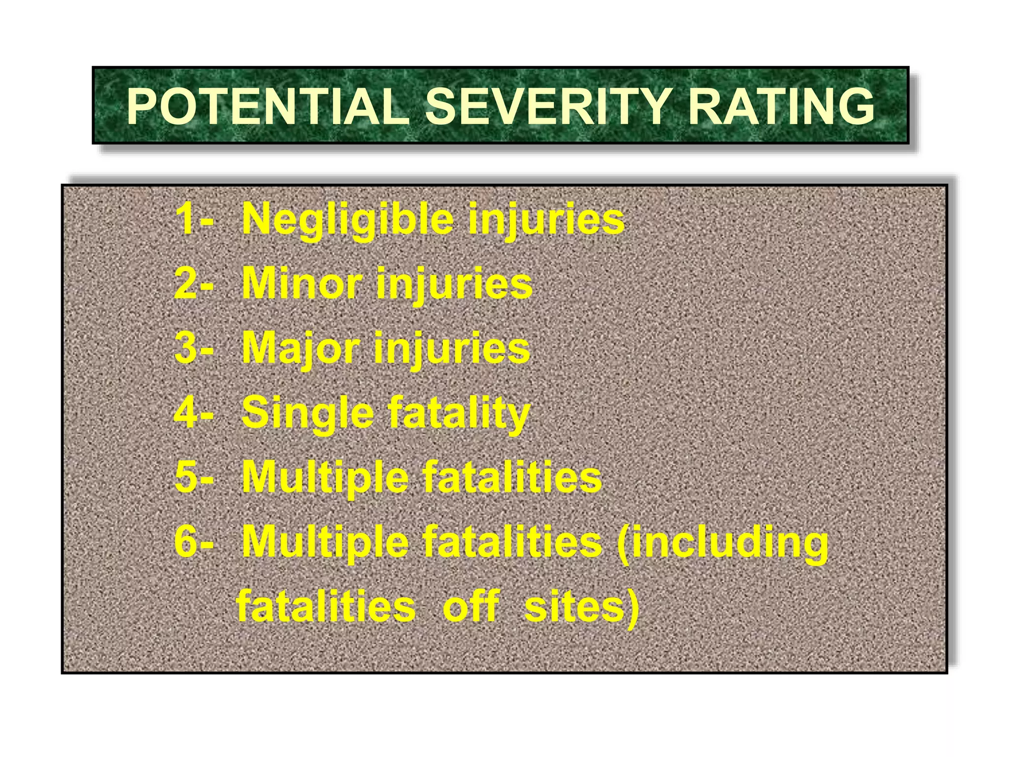 POTENTIAL SEVERITY RATING
1- Negligible injuries
2- Minor injuries
3- Major injuries
4- Single fatality
5- Multiple fatalities
6- Multiple fatalities (including
fatalities off sites)
 