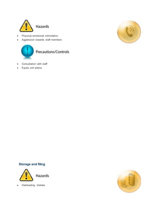  Physical /emotional intimidation
 Aggression towards staff members
 Consultation with staff
 Equity unit advice
Storage and filing
 Overloading shelves
 