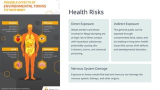 Health Risks
Direct Exposure
Waste workers and those
involved in illegal dumping are
at high risk of direct contact
with hazardous substances,
potentially causing skin
irritations, burns, and chemical
poisoning.
Indirect Exposure
The general public can be
exposed through
contaminated food, water, and
air, leading to long-term health
issues like cancer, birth defects,
and developmental disorders.
Nervous System Damage
Exposure to heavy metals like lead and mercury can damage the
nervous system, kidneys, and other organs.
 