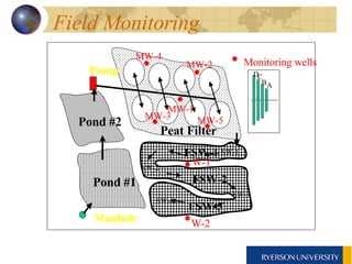 Field Monitoring  Monitoring wells Pond #1 Pond #2 Peat Filter SW-1 SW-4 SW-3 SW-2 D B A C FSW-1 FSW-2 FSW-3 W-2 W-1 MW-4 MW-1 MW-2 MW-5 MW-3 Manhole Pump 