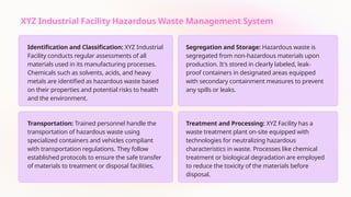 www.hsestudyguide.com
XYZ Industrial Facility Hazardous Waste Management System
Identification and Classification: XYZ Industrial
Facility conducts regular assessments of all
materials used in its manufacturing processes.
Chemicals such as solvents, acids, and heavy
metals are identified as hazardous waste based
on their properties and potential risks to health
and the environment.
Segregation and Storage: Hazardous waste is
segregated from non-hazardous materials upon
production. It's stored in clearly labeled, leak-
proof containers in designated areas equipped
with secondary containment measures to prevent
any spills or leaks.
Transportation: Trained personnel handle the
transportation of hazardous waste using
specialized containers and vehicles compliant
with transportation regulations. They follow
established protocols to ensure the safe transfer
of materials to treatment or disposal facilities.
Treatment and Processing: XYZ Facility has a
waste treatment plant on-site equipped with
technologies for neutralizing hazardous
characteristics in waste. Processes like chemical
treatment or biological degradation are employed
to reduce the toxicity of the materials before
disposal.
 