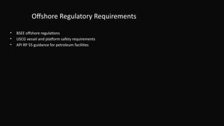 Offshore Regulatory Requirements
• BSEE offshore regulations
• USCG vessel and platform safety requirements
• API RP 55 guidance for petroleum facilities
 