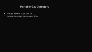 Portable Gas Detectors
• Multi-gas monitors: O₂, LEL, H₂S, CO
• Features: alarms, data logging, rugged design
 