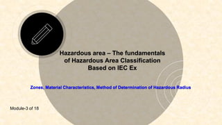 Hazardous area – The fundamentals
of Hazardous Area Classification
Based on IEC Ex
Zones, Material Characteristics, Method of Determination of Hazardous Radius
Module-3 of 18
 