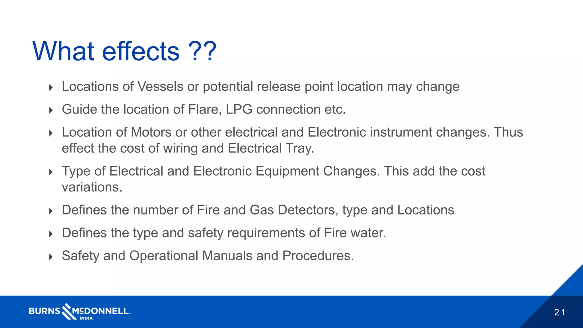 2 1
What effects ??
 Locations of Vessels or potential release point location may change
 Guide the location of Flare, LPG connection etc.
 Location of Motors or other electrical and Electronic instrument changes. Thus
effect the cost of wiring and Electrical Tray.
 Type of Electrical and Electronic Equipment Changes. This add the cost
variations.
 Defines the number of Fire and Gas Detectors, type and Locations
 Defines the type and safety requirements of Fire water.
 Safety and Operational Manuals and Procedures.
 