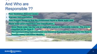 3
??
And Who are
Responsible ??
1. Poor Ventilation (Natural Cause)
2. Improper Instrumentation
3. Poor Process Design to flow the containment liquid to Waste water area
4. Waste water area’s Hazardous area Classification.
1. Since Waste water has the Low or negligible source of Flammable material. The area is
classified for the Zone 2.
2. The Corresponding Instrumentation and Electrical Equipment is designed for the Zone 2
3. Process Safety Calculation Mistake.
 