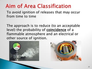 To avoid ignition of releases that may occur
from time to time
The approach is to reduce (to an acceptable
level) the probability of coincidence of a
flammable atmosphere and an electrical or
other source of ignition.
25
 