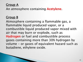 Group A
An atmosphere containing Acetylene.
Group B
Atmosphere containing a flammable gas, a
flammable liquid produced vapor, or a
combustible liquid produced vapor mixed with
air that may burn or explode, such as
Hydrogen or fuel and combustible process
gases containing more than 30% hydrogen by
volume - or gases of equivalent hazard such as
butadiene, ethylene oxide.
49
 
