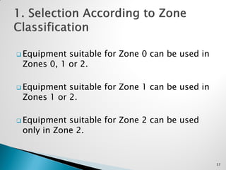  Equipment suitable for Zone 0 can be used in
Zones 0, 1 or 2.
 Equipment suitable for Zone 1 can be used in
Zones 1 or 2.
 Equipment suitable for Zone 2 can be used
only in Zone 2.
57
 