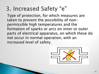 Type of protection, for which measures are
taken to prevent the possibility of non-
permissible high temperatures and the
formation of sparks or arcs on inner or outer
parts of electrical apparatus, on which these do
not occur in normal operation, with an
increased level of safety.
65
 