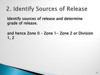 Identify sources of release and determine
grade of release.
and hence Zone 0 – Zone 1- Zone 2 or Division
1, 2
73
 