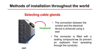 Installation rules
Selecting cable glands
seal
Compound
• The connection between the
conduit and the electrical
device is achieved using a
seal
• The connector is filled with a
sealing compound (to prevent
an explosion from spreading
through the conduits)
Methods of installation throughout the world
 