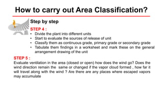 How to carry out Area Classification?
Step by step
STEP 4 :
• Divide the plant into different units
• Start to evaluate the sources of release of unit
• Classify them as continuous grade, primary grade or secondary grade
• Tabulate them findings in a worksheet and mark these on the general
arrangement drawing of the unit
STEP 5 :
Evaluate ventilation in the area (closed or open) how does the wind go? Does the
wind direction remain the same or changed if the vapor cloud formed , how far it
will travel along with the wind ? Are there are any places where escaped vapors
may accumulate
 