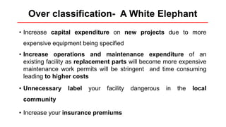 Over classification- A White Elephant
• Increase capital expenditure on new projects due to more
expensive equipment being specified
• Increase operations and maintenance expenditure of an
existing facility as replacement parts will become more expensive
maintenance work permits will be stringent and time consuming
leading to higher costs
• Unnecessary label your facility dangerous in the local
community
• Increase your insurance premiums
 