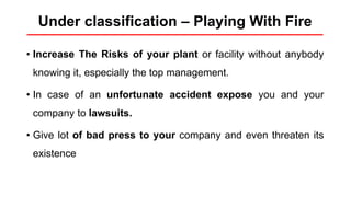 Under classification – Playing With Fire
• Increase The Risks of your plant or facility without anybody
knowing it, especially the top management.
• In case of an unfortunate accident expose you and your
company to lawsuits.
• Give lot of bad press to your company and even threaten its
existence
 
