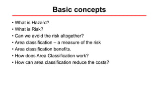 Basic concepts
• What is Hazard?
• What is Risk?
• Can we avoid the risk altogether?
• Area classification – a measure of the risk
• Area classification benefits.
• How does Area Classification work?
• How can area classification reduce the costs?
 