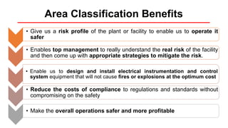 Area Classification Benefits
• Give us a risk profile of the plant or facility to enable us to operate it
safer
• Enables top management to really understand the real risk of the facility
and then come up with appropriate strategies to mitigate the risk.
• Enable us to design and install electrical instrumentation and control
system equipment that will not cause fires or explosions at the optimum cost
• Reduce the costs of compliance to regulations and standards without
compromising on the safety
• Make the overall operations safer and more profitable
 