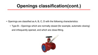 Openings classification(cont.)
• Openings are classified as A, B, C, D with the following characteristics:
• Type B – Openings which are normally closed (for example, automatic closing)
and infrequently opened, and which are close-fitting.
 