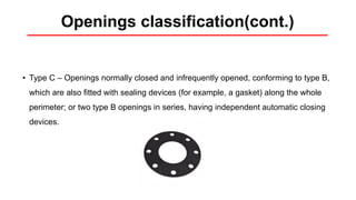 Openings classification(cont.)
• Type C – Openings normally closed and infrequently opened, conforming to type B,
which are also fitted with sealing devices (for example, a gasket) along the whole
perimeter; or two type B openings in series, having independent automatic closing
devices.
 