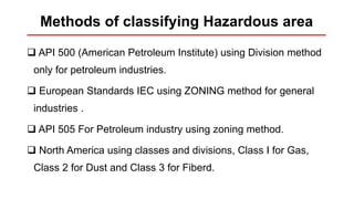  API 500 (American Petroleum Institute) using Division method
only for petroleum industries.
 European Standards IEC using ZONING method for general
industries .
 API 505 For Petroleum industry using zoning method.
 North America using classes and divisions, Class I for Gas,
Class 2 for Dust and Class 3 for Fiberd.
Methods of classifying Hazardous area
 