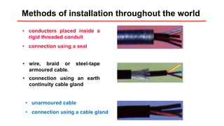 Installation rules
Methods of installation throughout the world
• wire, braid or steel-tape
armoured cable.
• connection using an earth
continuity cable gland
• unarmoured cable
• connection using a cable gland
• conductors placed inside a
rigid threaded conduit
• connection using a seal
 