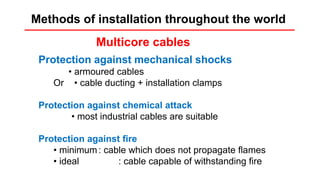 Installation rules
Multicore cables
Protection against mechanical shocks
• armoured cables
Or • cable ducting + installation clamps
Protection against chemical attack
• most industrial cables are suitable
Protection against fire
• minimum: cable which does not propagate flames
• ideal : cable capable of withstanding fire
Methods of installation throughout the world
 