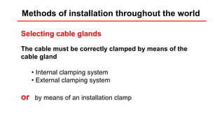 Selecting cable glands
The cable must be correctly clamped by means of the
cable gland
• Internal clamping system
• External clamping system
or by means of an installation clamp
Methods of installation throughout the world
 