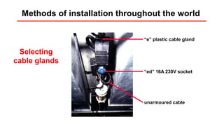 Selecting
cable glands
“e” plastic cable gland
unarmoured cable
“ed” 16A 230V socket
Methods of installation throughout the world
 