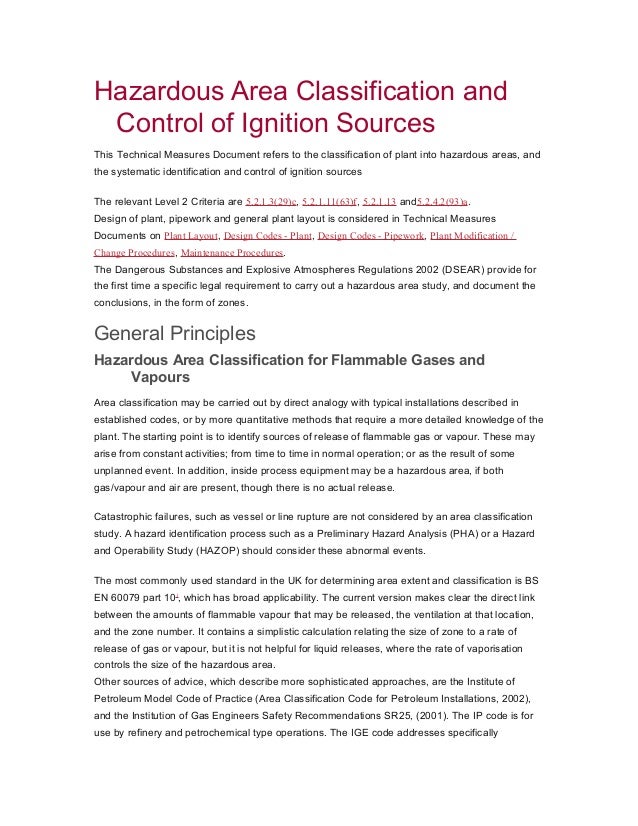 Hazardous area classification and control of ignition sources