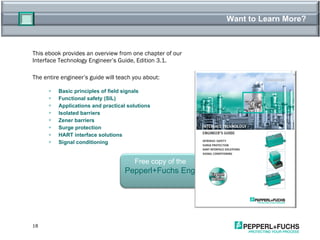 Want to Learn More? This ebook provides an overview from one chapter of our Interface Technology Engineer’s Guide, Edition 3.1.  The entire engineer’s guide will teach you about:  Basic principles of field signals Functional safety (SIL) Applications and practical solutions Isolated barriers Zener barriers Surge protection HART interface solutions Signal conditioning  Free copy of the  Pepperl+Fuchs Engineer’s Guide   