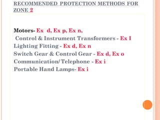RECOMMENDED PROTECTION METHODS FOR
ZONE 2
Motors- Ex d, Ex p, Ex n,
Control & Instrument Transformers - Ex I
Lighting Fitting - Ex d, Ex n
Switch Gear & Control Gear - Ex d, Ex o
Communication/ Telephone - Ex i
Portable Hand Lamps- Ex i
 