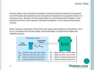 Intrinsic Safety Intrinsic safety is the only ignition protection class that allows connectors to be opened and intrinsically safe apparatus to be removed and replaced by an equivalent device in a hazardous area.  Because intrinsic safety offers an unmatched level of freedom, it has become one of the most important methods of protection in the industrial automation industry.  When making a comparison of the three most widely used protection methods (Ex i, Ex d, Ex p), it is evident that intrinsic safety, where applicable, is preferred for safety and reliability reasons.  