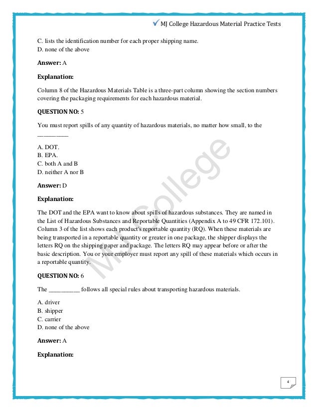 Hazardous Material Practice Test