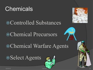 Chemicals
Controlled Substances
Chemical Precursors
Chemical Warfare Agents
Select Agents
5/9/2016 Saurabh Tiwari 20
 