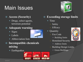 Main Issues
 Access (Security)
 Drugs, select agents,
terrorism potential
 Adequate warning
 Signs
 Labels
 Abbreviation lists
 Incompatible chemicals
mixing
 Earthquakes
 Exceeding storage limits
 Time
○ Safety
○ Efficacy
 Quantity
○ Fire Code
 Building limits
○ Homeland Security
 Address limits
○ Building Design Limits
 Green Buildings
5/9/2016 Saurabh Tiwari 26
 