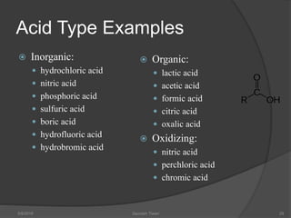 Acid Type Examples
 Inorganic:
 hydrochloric acid
 nitric acid
 phosphoric acid
 sulfuric acid
 boric acid
 hydrofluoric acid
 hydrobromic acid
 Organic:
 lactic acid
 acetic acid
 formic acid
 citric acid
 oxalic acid
 Oxidizing:
 nitric acid
 perchloric acid
 chromic acid
5/9/2016 Saurabh Tiwari 29
 