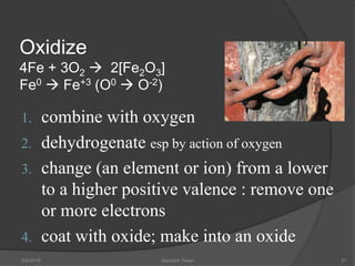 Oxidize
4Fe + 3O2  2[Fe2O3]
Fe0  Fe+3 (O0  O-2)
1. combine with oxygen
2. dehydrogenate esp by action of oxygen
3. change (an element or ion) from a lower
to a higher positive valence : remove one
or more electrons
4. coat with oxide; make into an oxide
5/9/2016 Saurabh Tiwari 31
 