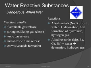 Water Reactive Substances
Dangerous When Wet
Reactions results
 flammable gas release
 strong oxidizing gas release
 toxic gas release
 metal oxide fume release
 corrosive acids formation
Reactions
 Alkali metals (Na, K, Li) +
water  detonation, heat,
formation of hydroxide,
hydrogen gas
 Alkaline earths (Mg, Be,
Ca, Ba) + water 
detonation, hydrogen gas
5/9/2016 Saurabh Tiwari 39
 
