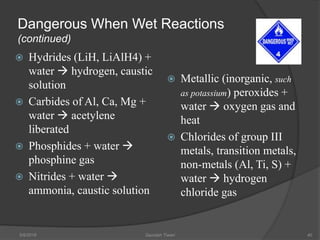 Dangerous When Wet Reactions
(continued)
 Hydrides (LiH, LiAlH4) +
water  hydrogen, caustic
solution
 Carbides of Al, Ca, Mg +
water  acetylene
liberated
 Phosphides + water 
phosphine gas
 Nitrides + water 
ammonia, caustic solution
 Metallic (inorganic, such
as potassium) peroxides +
water  oxygen gas and
heat
 Chlorides of group III
metals, transition metals,
non-metals (Al, Ti, S) +
water  hydrogen
chloride gas
5/9/2016 Saurabh Tiwari 40
 