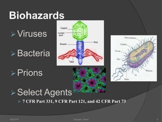 Biohazards
Viruses
 Bacteria
 Prions
Select Agents
 7 CFR Part 331, 9 CFR Part 121, and 42 CFR Part 73
5/9/2016 Saurabh Tiwari 5
 