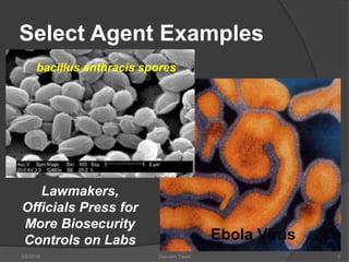 Select Agent Examples
5/9/2016 Saurabh Tiwari 6
Ebola Virus
bacillus anthracis spores
Lawmakers,
Officials Press for
More Biosecurity
Controls on Labs
 
