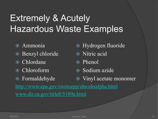 Extremely & Acutely
Hazardous Waste Examples
 Ammonia
 Benzyl chloride
 Chlordane
 Chloroform
 Formaldehyde
http://www.epa.gov/swercepp/ehs/ehsalpha.html
www.dir.ca.gov/title8/5189a.html
 Hydrogen fluoride
 Nitric acid
 Phenol
 Sodium azide
 Vinyl acetate monomer
5/9/2016 Saurabh Tiwari 74
 
