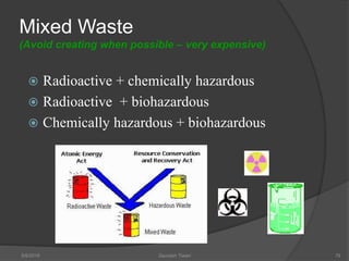 Mixed Waste
(Avoid creating when possible – very expensive)
 Radioactive + chemically hazardous
 Radioactive + biohazardous
 Chemically hazardous + biohazardous
5/9/2016 Saurabh Tiwari 79
 