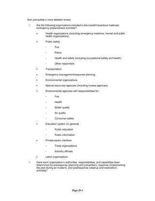 then precipitate a more detailed review.
9	 Are the following organizations included in the overall hazardous materials
emergency preparedness activities?
C Health organizations (including emergency medicine, mental and public
health organizations)
C	 Public safety
B Fire
B Police
B Health and safety (including occupational safety and health)
B Other responders
C Transportation
C Emergency management/response planning
C Environmental organizations
C Natural resources agencies (including trustee agencies)
C Environmental agencies with responsibilities for:
B Fire

B Health

B Water quality

B Air quality

B Consumer safety

C	 Education system (in general)

B Public education

B Public information

C	 Private-sector interface

B Trade organizations

B Industry officials

C Labor organizations
9 Have each organization’s authorities, responsibilities, and capabilities been
determined for preresponse (planning and prevention), response (implementing
the plan during an incident), and postresponse (cleanup and restoration)
activities?
Page D-3
 