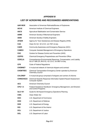 APPENDIX B
LIST OF ACRONYMS AND RECOGNIZED ABBREVIATIONS
AAR IBOE Association of American Railroads/Bureau of Explosives
AlChE American Institute of Chemical Engineers
ASCS Agricultural Stabilization and Conservation Service
ASME American Society of Mechanical Engineers
ASSE American Society of Safety Engineers
ATSDR Agency for Toxic Substances and Disease Registry (HHS)
CAA Clean Air Act 42 U.S.C. s/s 7401 et seq
CAER Community Awareness and Emergency Response (ACC)
CAMEO Computer Assisted Management of Emergency Operations
CDC Centers for Disease Control and Prevention (HHS)
CEPPO Chemical Emergency Preparedness and Prevention Office
CERCLA Comprehensive Environmental Response, Compensation, and Liability
Act of 1980 (PL 96-510) 42 U.S.C. s/s 9601 et seq.
CFR Code of Federal Regulations
CHEMNET A mutual aid network of chemical shippers and contract
CHEMTREC Chemical Transportation Emergency Center operated by American
Chemistry Council
CHLOREP A mutual aid group comprised of shippers and carriers of chlorine
CHRlS/HACS Chemical Hazards Response Information System/Hazard Assessment
Computer System
ACC American Chemistry Council
CPG 1-3 Federal Assistance Handbook: Emergency Management, and Direction
and Control Programs
SLG 101 Guide for All-Hazard Emergency Operations Planning
CWA Clean Water Act
DOC U.S. Department of Commerce
DOD U.S. Department of Defense
DOE U.S. Department of Energy
DOI U.S. Department of the Interior
DOJ U.S. Department of Justice
DOL U.S. Department of Labor
Page B-1
 