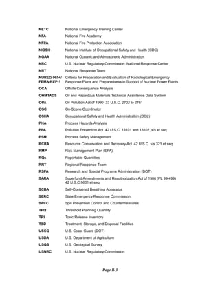 NETC National Emergency Training Center
NFA National Fire Academy
NFPA National Fire Protection Association
NIOSH National Institute of Occupational Safety and Health (CDC)
NOAA National Oceanic and Atmospheric Administration
NRC U.S. Nuclear Regulatory Commission; National Response Center
NRT National Response Team
NUREG 0654/ Criteria for Preparation and Evaluation of Radiological Emergency
FEMA-REP-1 Response Plans and Preparedness in Support of Nuclear Power Plants
OCA Offsite Consequence Analysis
OHMTADS Oil and Hazardous Materials Technical Assistance Data System
OPA Oil Pollution Act of 1990 33 U.S.C. 2702 to 2761
OSC On-Scene Coordinator
OSHA Occupational Safety and Health Administration (DOL)
PHA Process Hazards Analysis
PPA Pollution Prevention Act 42 U.S.C. 13101 and 13102, s/s et seq.
PSM Process Safety Management
RCRA Resource Conservation and Recovery Act 42 U.S.C. s/s 321 et seq
RMP Risk Management Plan (EPA)
RQs Reportable Quantities
RRT Regional Response Team
RSPA Research and Special Programs Administration (DOT)
SARA Superfund Amendments and Reauthorization Act of 1986 (PL 99-499)
42 U.S.C.9601 et seq.
SCBA Self-Contained Breathing Apparatus
SERC State Emergency Response Commission
SPCC Spill Prevention Control and Countermeasures
TPQ Threshold Planning Quantity
TRI Toxic Release Inventory
TSD Treatment, Storage, and Disposal Facilities
USCG U.S. Coast Guard (DOT)
USDA U.S. Department of Agriculture
USGS U.S. Geological Survey
USNRC U.S. Nuclear Regulatory Commission
Page B-3
 