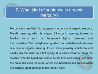 2. What kind of subtance is organic
mercury?
Mercury is classified into inorganic mercury and organic mercury.
Metallic mercury, which is a type of inorganic mercury, is used in
familiar items such as fluorescent lights, batteries, and
thermometers. The methyl mercury which caused Minamata disease
is a type of organic mercury. It is a white powdery substance and
smells like the sulfur in a hot spring. It is easily absorbed from the
stomach into the blood and carried to the liver and kidney, and then
the brain and even the fetus, where it is absorbed and concentrated
and causes great damage to the human body.
 