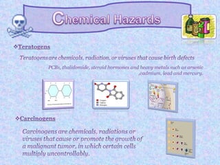 PCBs, thalidomide, steroid hormones and heavy metals such as arsenic
                                       ,cadmium, lead and mercury.
 